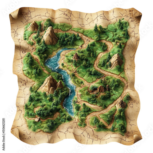 An ancient treasure map guiding explorers through lush forests and winding on transparent background