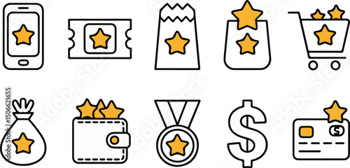 Reward bonus gift icon set. Benefit reward bonus loyalty prize hand drawn sketch line pen stroke style icon. Benefit gift coupon, loyalty card sketch doodle drawn collection. Vector illustration