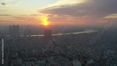 Ho Chi Minh City, Vietnam May 26,2025 4k aerial video of District 1 skyline, downtown of Ho Chi Minh City during sunrise