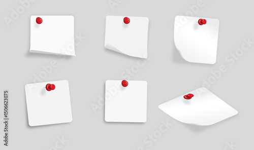 Blank Paper Notes with Red Push Pins Set Isolated on White Background