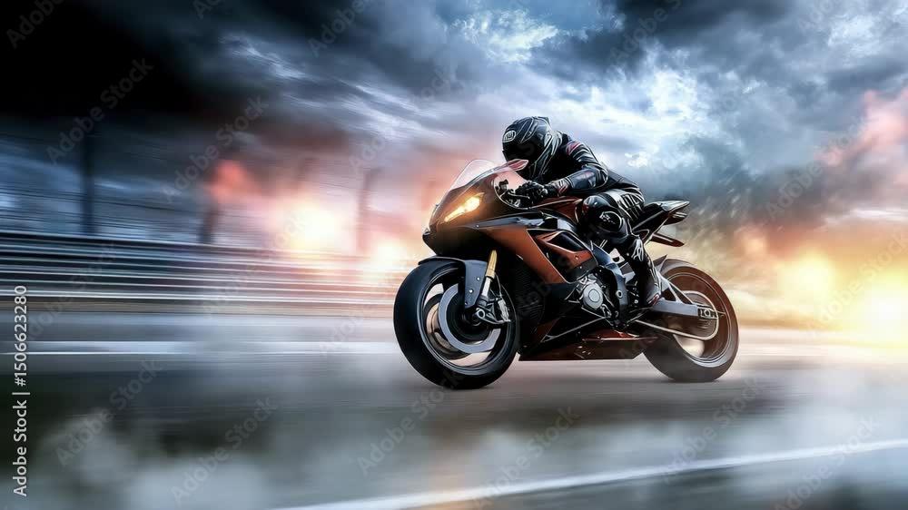 A motorcyclist in full gear speeds on a racing bike with dramatic smoke, motion blur, and a fiery explosion in the background. A motorcyclist in full gear speeds on a racing bike with dramatic smoke, motion blur, and a fiery explosion in the background.