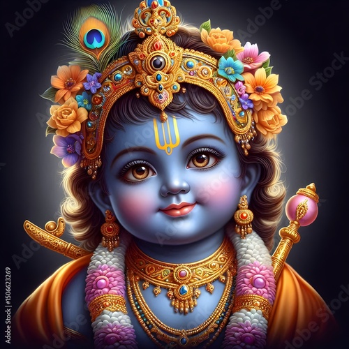 Colorful Artwork  of Hindu god baby Krishna