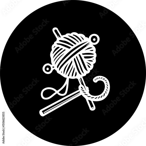 Minimalist vector image of a ball of yarn with knitting needles on a black background