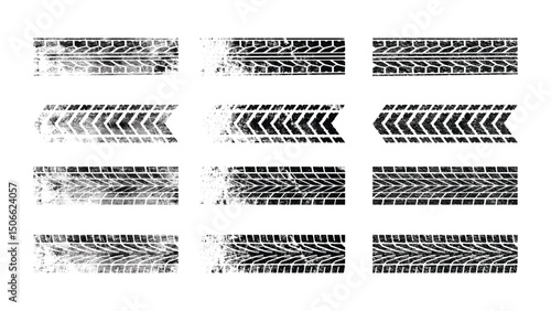 Grunge Tire Tread Marks Set Isolated on White Background