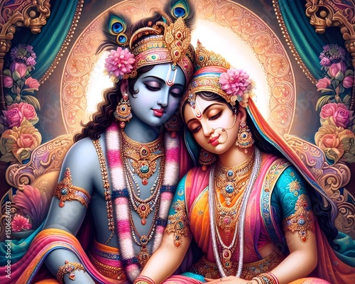 Divine Love of Radha Krishna, Floral Artwork of Lord Krishna and Radha