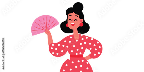 A charming illustration of a woman, in a classic outfit with a fan, embodies grace and poise, as she enjoys the moment. 