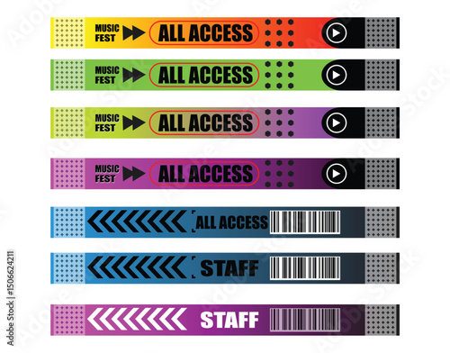 Colorful Music Festival and Staff Wristbands Set Isolated on Transparent Background