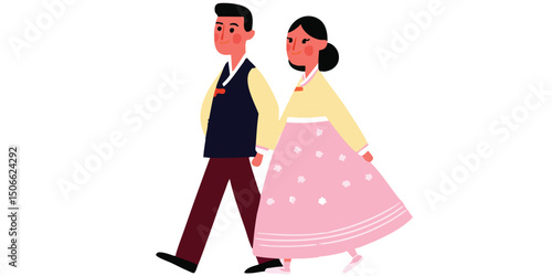 Couple dressed in Hanbok strolling, blending tradition with modern life.