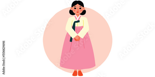 A gracefully illustrated young woman stands regally, adorned in a vibrant traditional dress, a harmonious embodiment of heritage and artistry. Capturing cultural essence and timeless elegance.