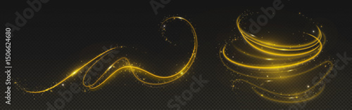 Golden magic light trails on black background. Shiny gold dynamic waves with sparkling stardust effect. Glowing magical curved lines - elegant festive decoration. Fantasy luxury design elements.