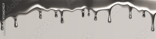 Liquid silver drip border illustration - shiny metallic drops flowing down in realistic style for abstract background, banner or header design. Melting metal effect with reflections and shadows.
