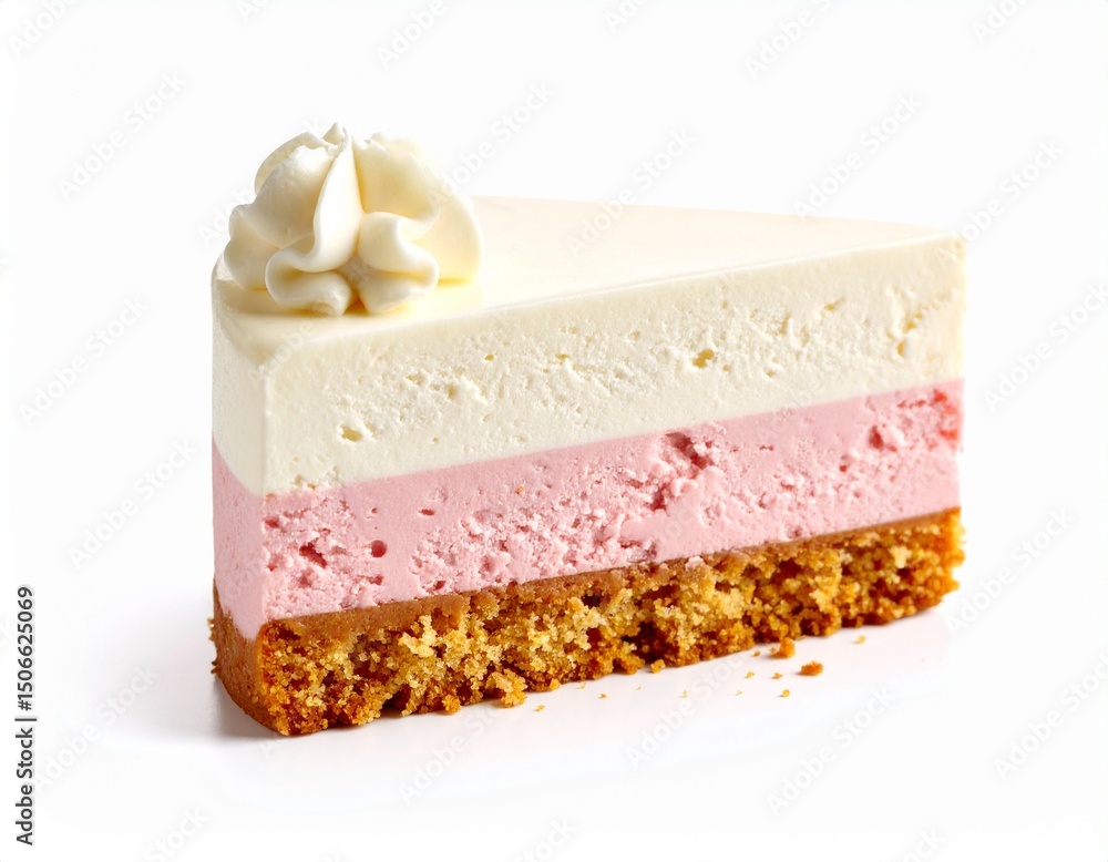 slice of ice cream cake with layers of pink, white, cookie slice of ice cream cake with layers of pink, white, cookie