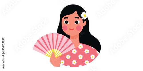 A stylized illustration of a woman, radiating charm, holding a traditional hand fan. conveying a sense of elegance and cultural richness.