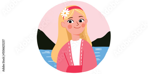 An illustration of a charming girl, framed by a circle, standing amidst serene nature. The girl wears a flower in her hair, radiating tranquility and the freshness of a new day. 
