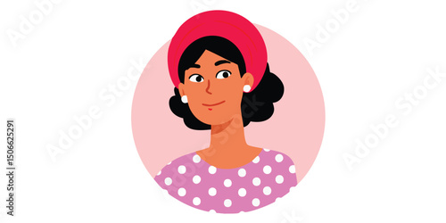 A stylized portrait of a woman with rosy skin, dark hair, and an inquisitive gaze, adorned with a pink head covering and polka-dot attire. The overall effect evokes a sense of charm.