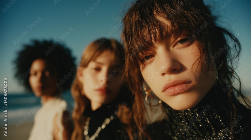 Fototapeta premium Three women in close-up, wearing warm clothing, gaze into the camera on a sunny beach day.