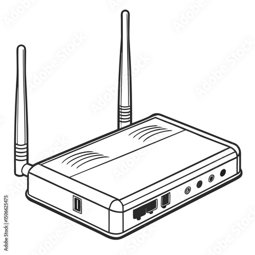 Illustration of a Wireless Router with Antennas, Detailed Black and White Drawing