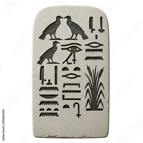 Egyptian stone tablet with hieroglyphs, isolated on transparent background