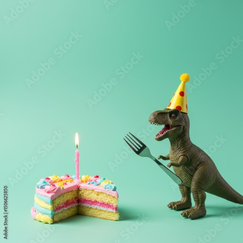 A Hungry Dinosaur's Birthday Surprise: A Playful Cake and Party Hat Scene