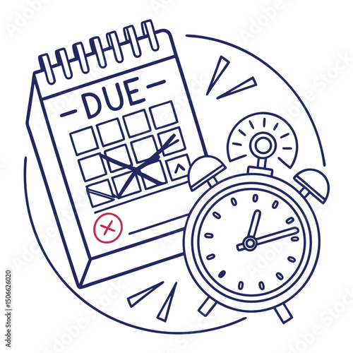 Stylized cartoon of a calendar with a due date and alarm clock