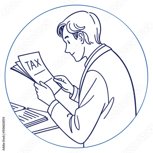 A man is meticulously reviewing his tax paperwork in a drawn image