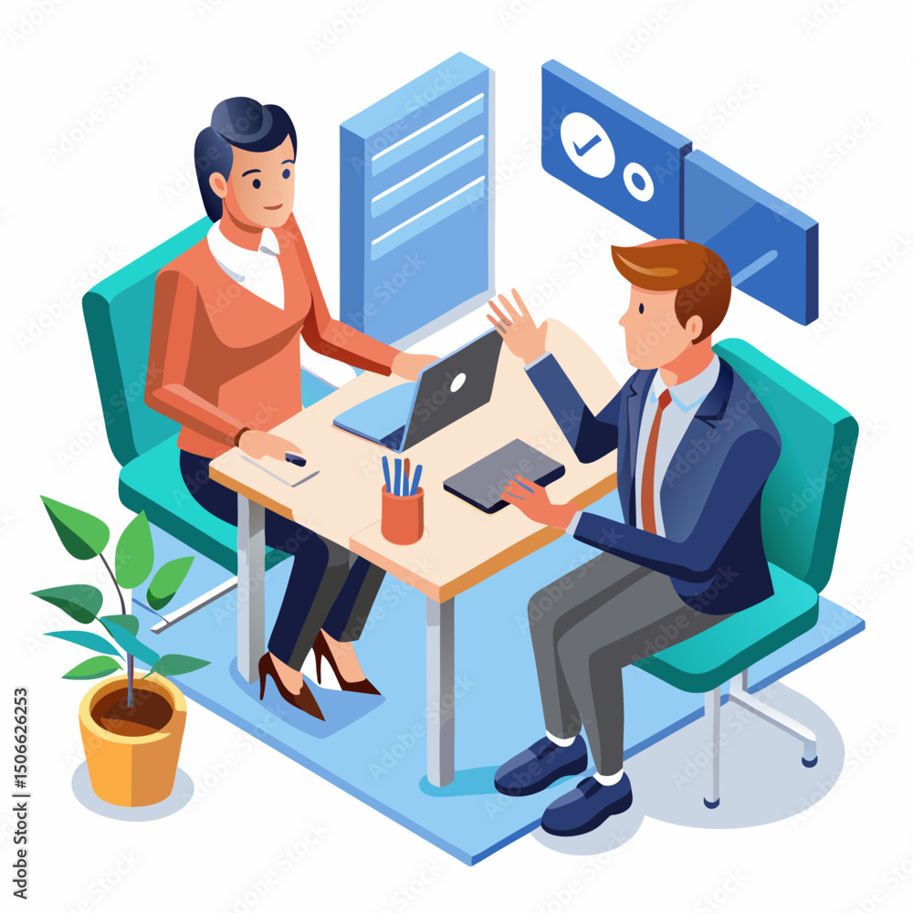 Isometric Business Meeting Illustration Two Professionals in Formal Office Setting Isometric Business Meeting Illustration Two Professionals in Formal Office Setting
