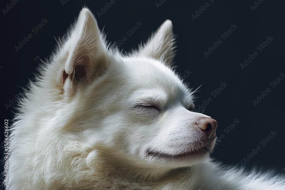 Fototapeta premium Thinking Dog. Young Cute Thai White Dog with Abnormal One Eye