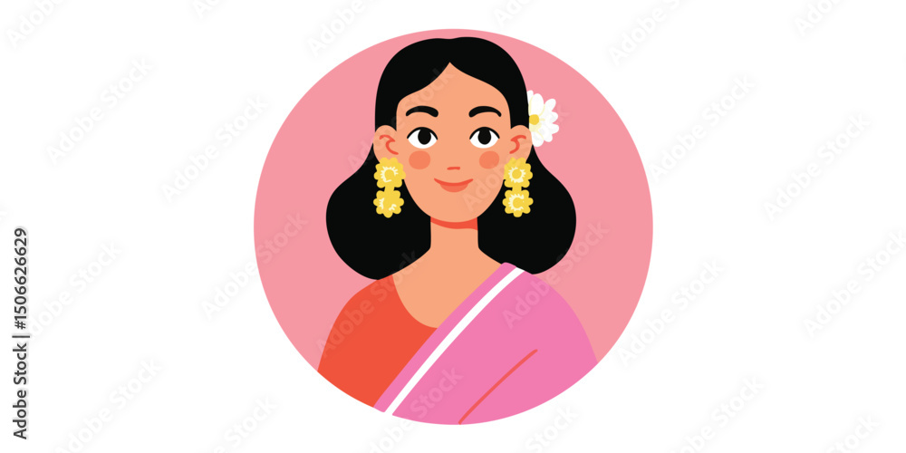 A simple illustration depicting an elegant woman. She is styled with flower accents in her hair and traditional jewelry. The illustration uses a bright, minimalist style, with a soft color palette. A simple illustration depicting an elegant woman. She is styled with flower accents in her hair and traditional jewelry. The illustration uses a bright, minimalist style, with a soft color palette.