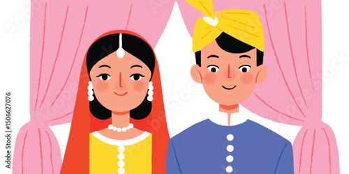 A beautiful couple stands side by side, dressed in traditional attire, sharing a tender moment. It is a symbol of commitment and beginning of their shared life.  Indian couple in traditional attire, 