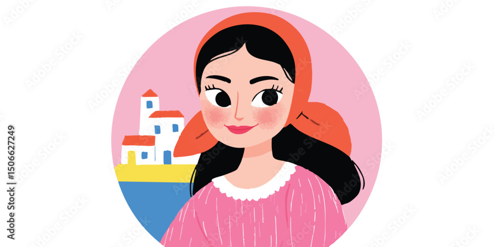 An illustration of a woman with black hair, wearing a red headscarf, with a scenic illustration of a building. face avatar, user profile. An illustration of a woman with black hair, wearing a red headscarf, with a scenic illustration of a building. face avatar, user profile.