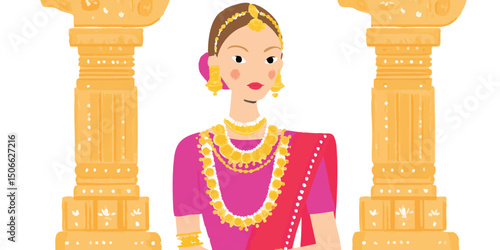 An elegant Indian woman, adorned with exquisite traditional jewelry, stands gracefully amidst the backdrop of ornate pillars, epitomizing timeless beauty.