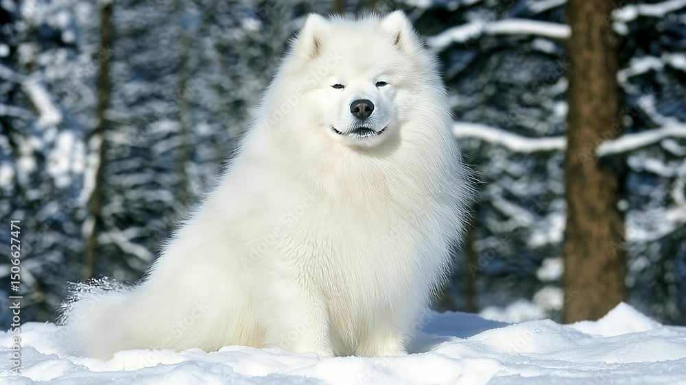 Fluffy white dog sits in snow Fluffy white dog sits in snow