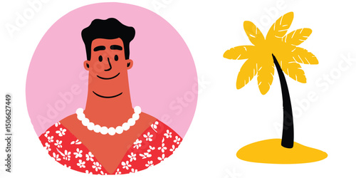 A stylized illustration captures the essence of island vacation, presenting a man portrait adorned with leis next to a stylized palm tree, both within a vibrant graphic framework.
