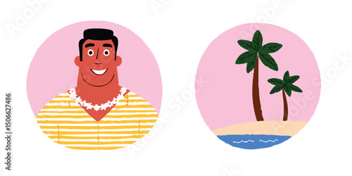 Tropical Vacation Delight, A sun-kissed individual, adorned with a garland, stands proudly alongside an idyllic coastal scene, encapsulated within a vibrant circle.