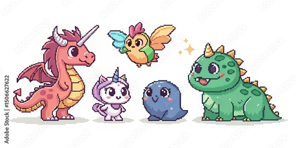Naklejka premium Pixel Art Fantasy Creatures Set – 8-bit Magical Animals on White Background