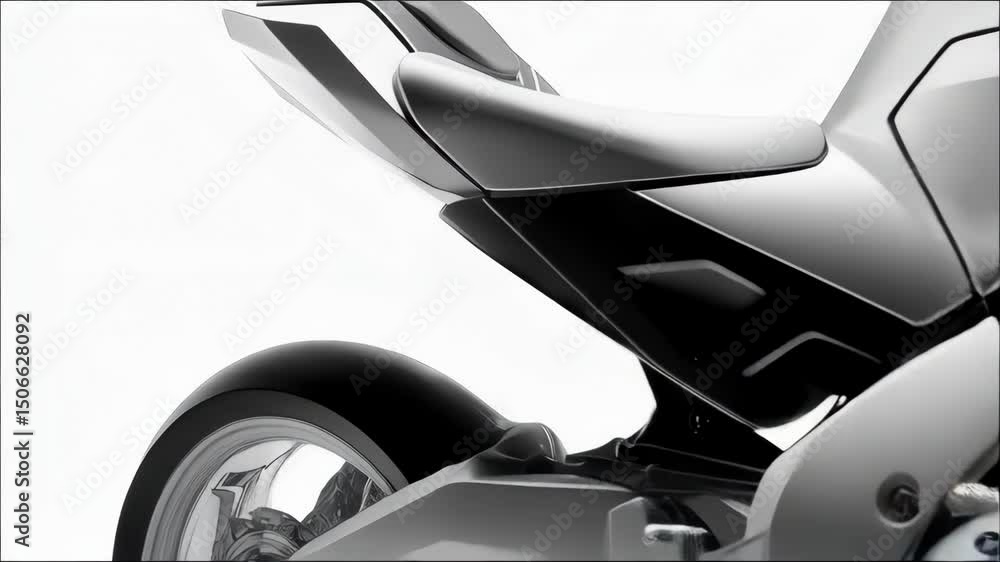 Close-up view of a modern sports motorcycle with silver fairing and black tire on a white backdrop highlighting its sleek, mechanical design.