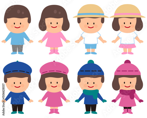 春夏秋冬の服を着た子供のイラストセット