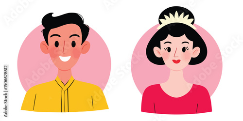 Illustrated portraits of a couple, featuring a man and a woman with bright smiles and distinct styles.