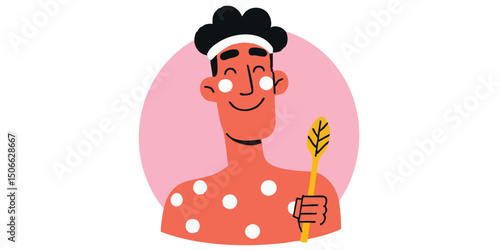 A captivating illustration of a man adorned with a distinctive headband, showcasing a radiant smile as he gently holds a sprig of a plant in his hand, set against a soft pink backdrop.face avatar.user