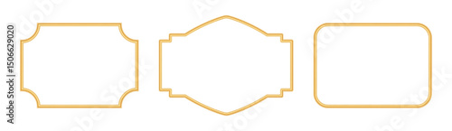 Collection of golden shiny luxury frames. Vintage rectangle beveled frame, ornamental border in oriental style, realistic object mockup for photo frame with round corner. Vector illustration