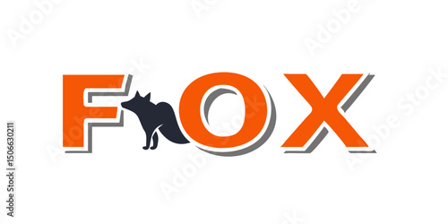 FOX text and inside the O waving figure fox tail sweetheart, fox wolf logo icon vector illustration element isolated.Bright Orange "FOX" Logo Design