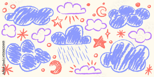 Kids crayon doodle style cloud shapes with rain drops, moons and stars illustration. Playful childlike textured sketch in pastel blue and red colors. Cute nursery room decor, baby linen prints.