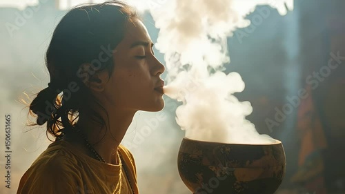 Profile of a woman exhaling smoke into a bowl