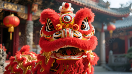 Traditional Chinese Lion Dance Performance with Red Lion Head in Front of Temple During Festival
