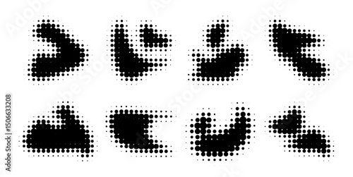 Set of black halftone blob shapes, ink stain silhouettes isolated on white background. Dotted grunge textures, rough spray spots. Distressed splatter and blotch effect. Abstract vector illustration.