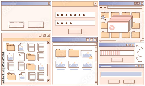 Retro user interface kit with various windows and panels, folders and buttons, icons in pastel colors. Vintage design elements for 90s software mockups. Nostalgic old school desktop GUI components.