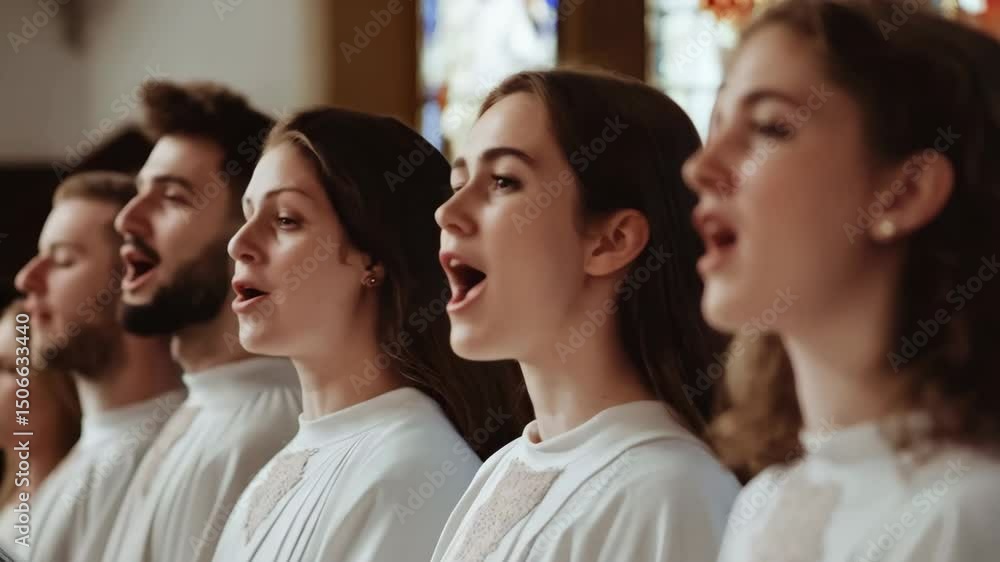 choir group singing with their typical white tunics in church with books choir group singing with their typical white tunics in church with books