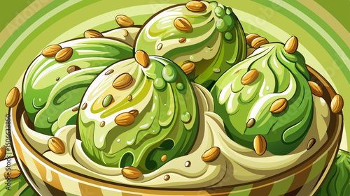 This delicious pistachio ice cream dessert features creamy scoops in a close-up view, perfect for sweet treat lovers. A delightful summer flavor captured in tasty food photography.