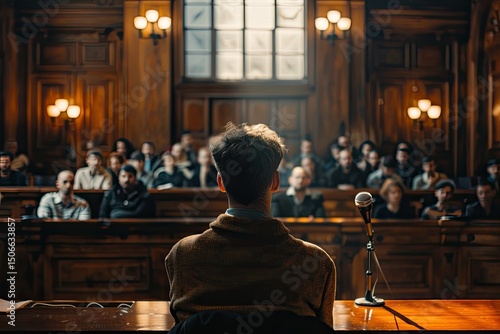 Vibrant Picture of Man Sitting in Courtroom Crowd of People Watching
