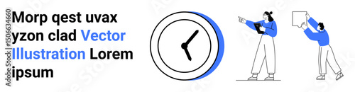 Clock at center with bold hands, two people interacting one pointing at a chart, another holding a panel. Ideal for teamwork, time management, planning, goals, productivity, strategy simple landing